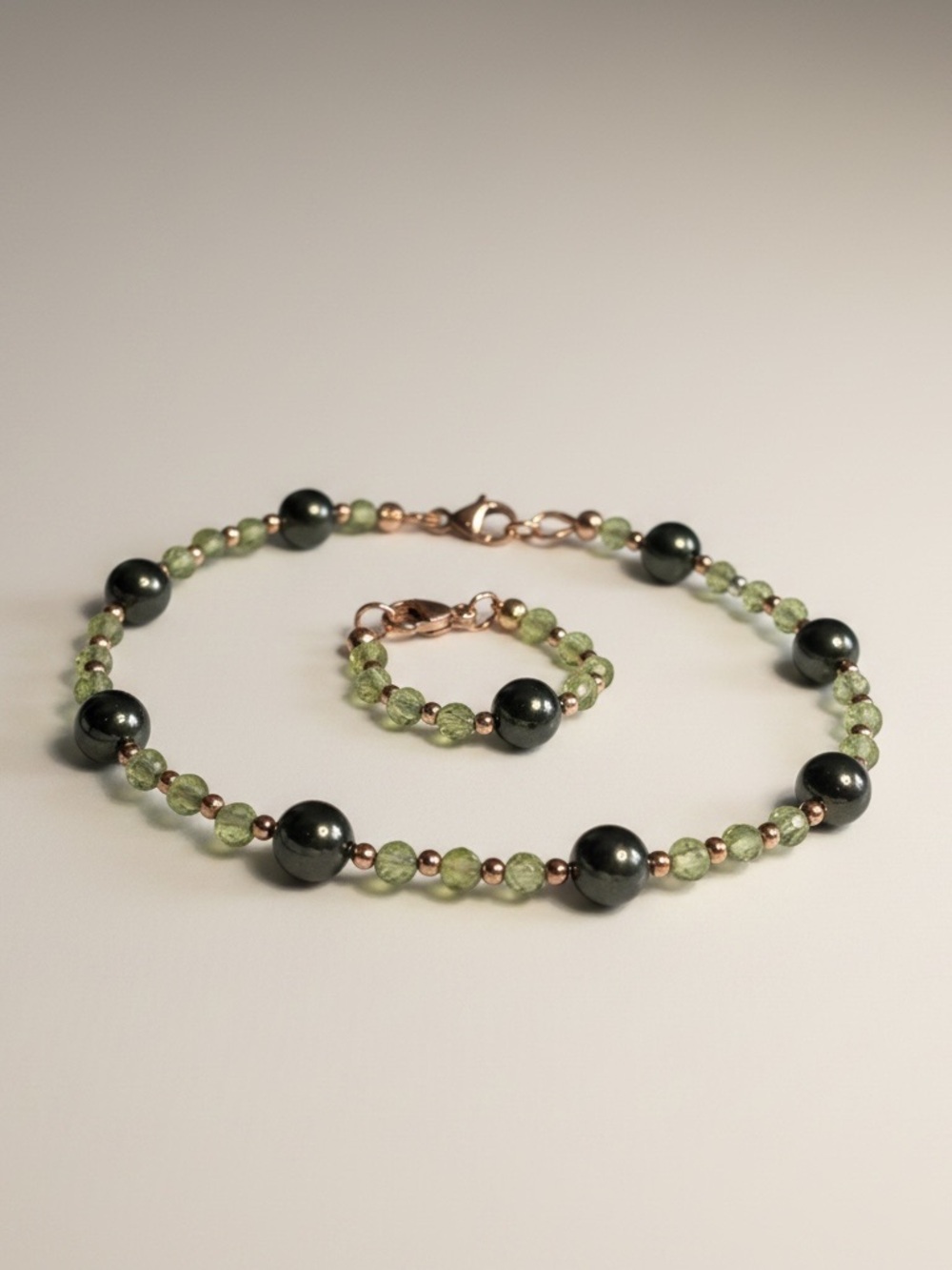Handmade Peridot & Swarovski Pearl Set | 14K/20 Rose Gold Filled Bracelet + Ring